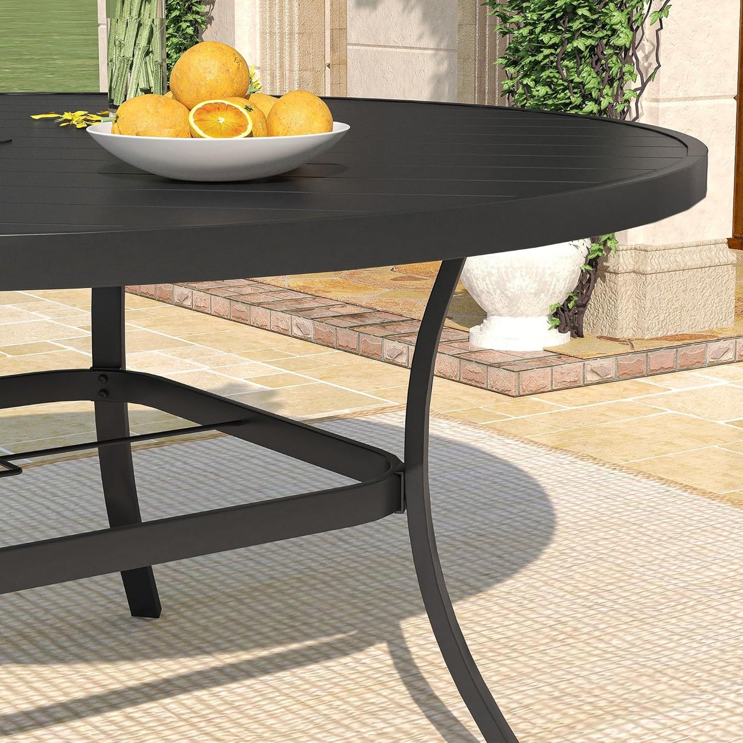 DIFY 60" Round Patio Dining Table for 8-10, Outdoor Metal Dining Table with 1.57" Umbrella Hole for Backyard Lawn Garden, Black