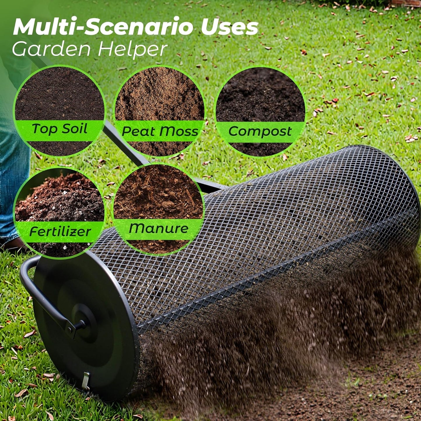 Walensee 44 Inch Compost Spreader Peat Moss Spreader with Side-Latch Design, Upgraded Large-Capacity Metal Mesh Roller for Lawn and Garden Care, Durable Manure Spreader for Seeding and Fertilizing