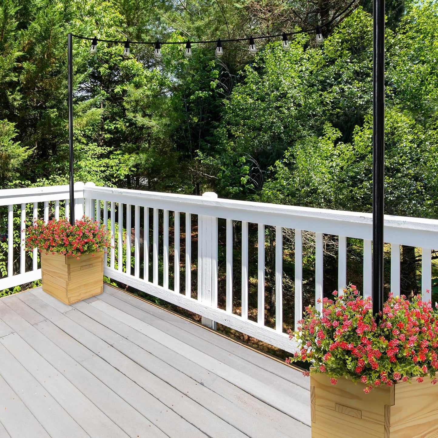 Excello Global Products Wooden Planter Box Set with 10' String Light Pole - 14"x14", Ready to Assemble.