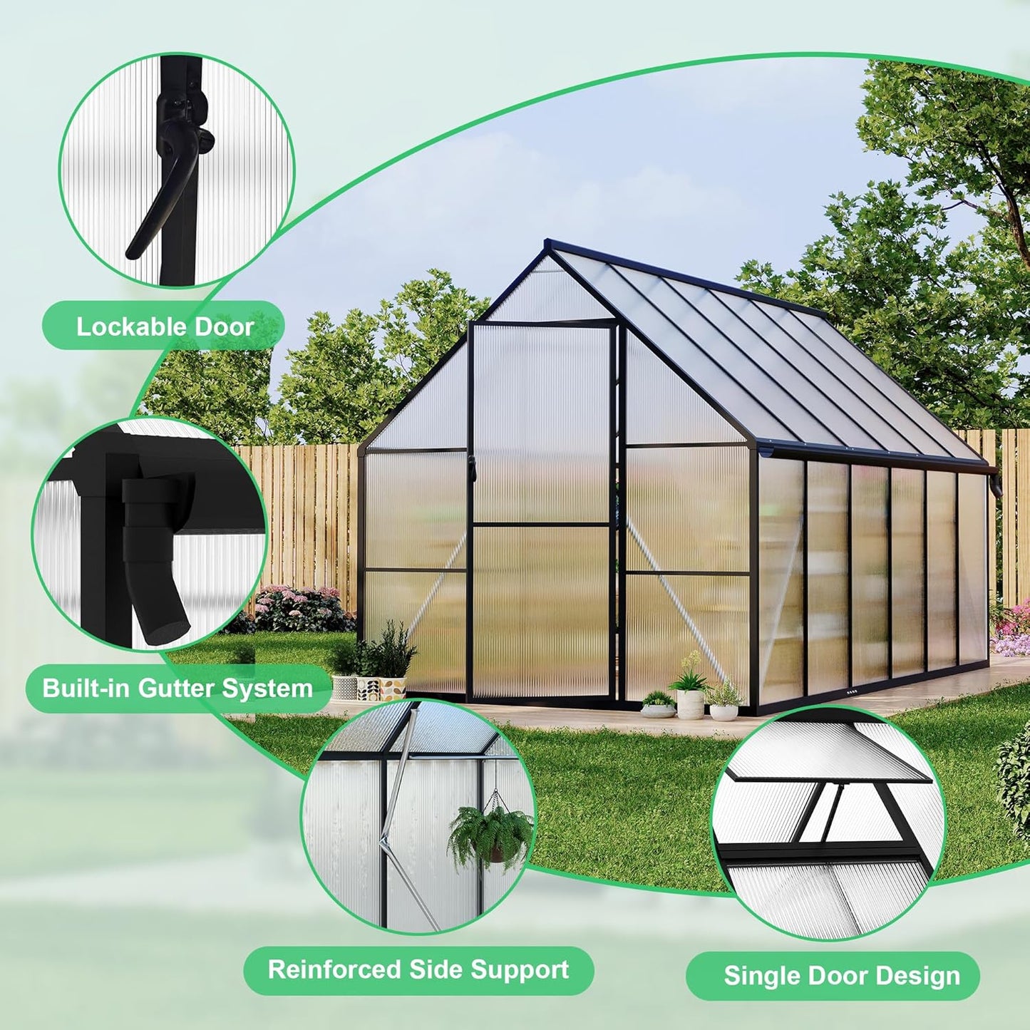 8'x12' Aluminum-Framed Polycarbonate Greenhouse, Heavy Duty Polycarbonate Greenhouse with Quick Setup Structure and Roof Vent, Large Enhanced Aluminum Green House Kit for Outdoors
