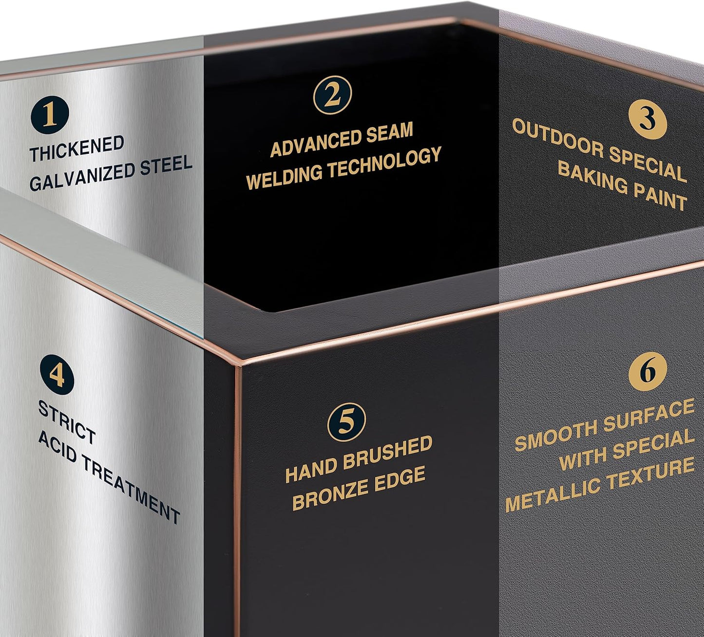 Metallic Heavy Cube Planter Box, No Assembly Required, Seamless Large Black Outdoor Planter 17”Lx17”Wx20”H 24Pounds Black with Hand Brushed Gold Rim