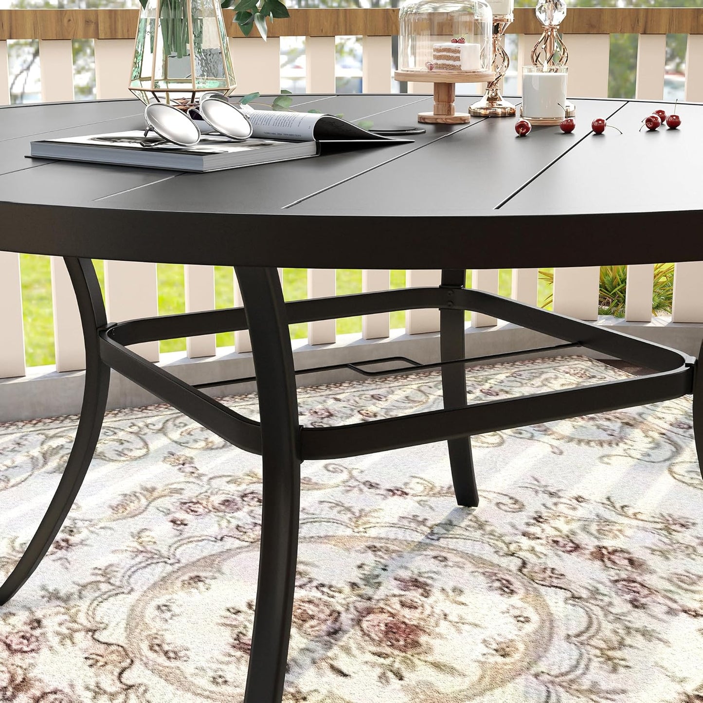 VICLLAX 53" Outdoor Round Patio Table for Lawn Garden, All Weather Metal Round Patio Dining Table with Adjustable Umbrella Hole, Patio Table for 8 Person, Black Tabletop