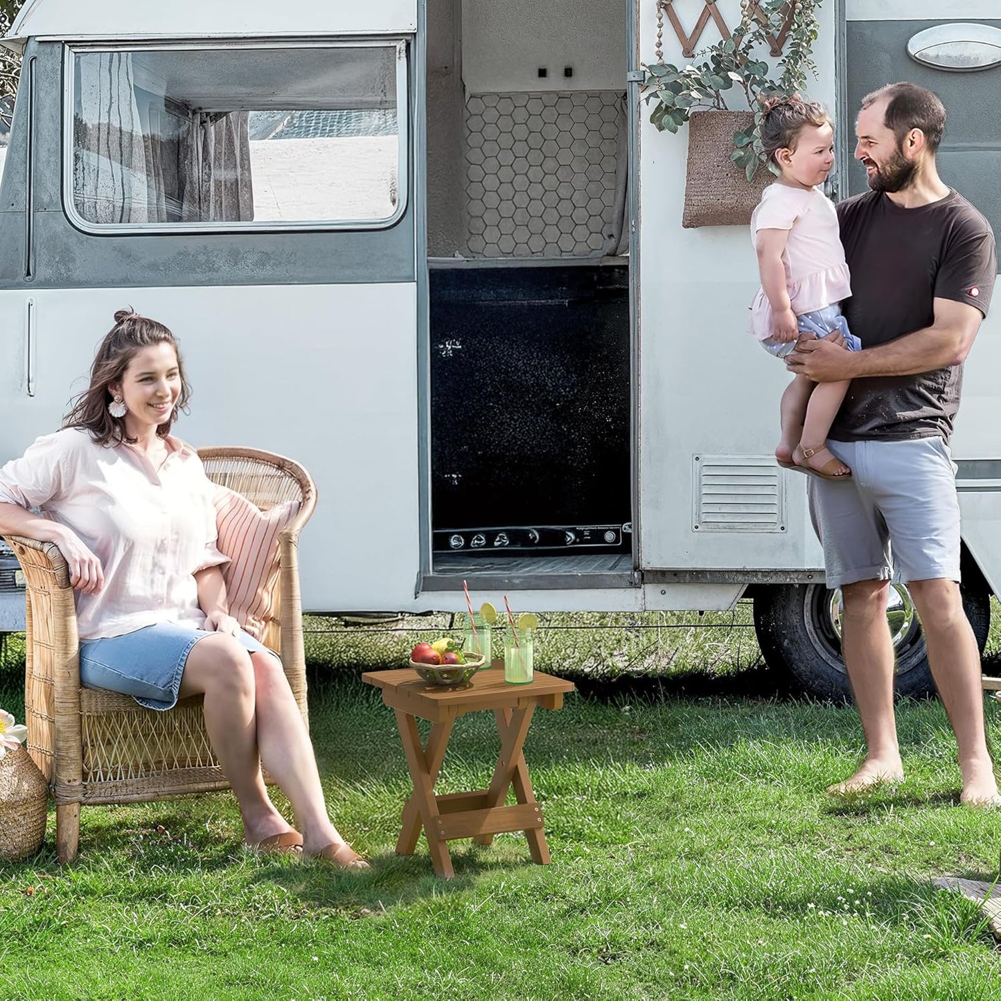 LUE BONA Small Outdoor Folding Side Table, HDPS Outside End Table for Patio, Porch, Deck, Pool, 14 Inch Height, Teak Color Oil Printed