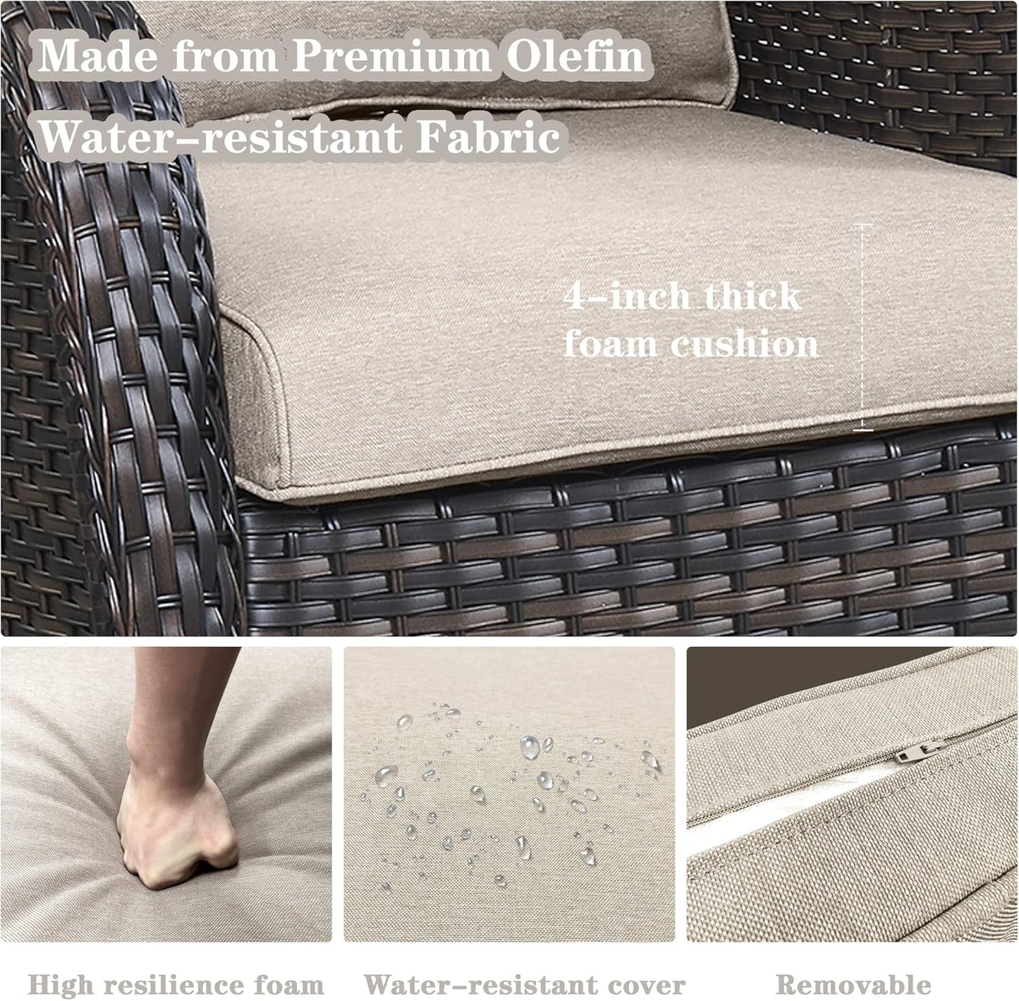 5 Pieces Patio Wicker Furniture Set - 4 Outdoor Swivel Rocker Glider Chairs with 50000BTU Propane Fire Pit Table, Patio Conversation Set Beige Cushion Perfect for Casual Gathering