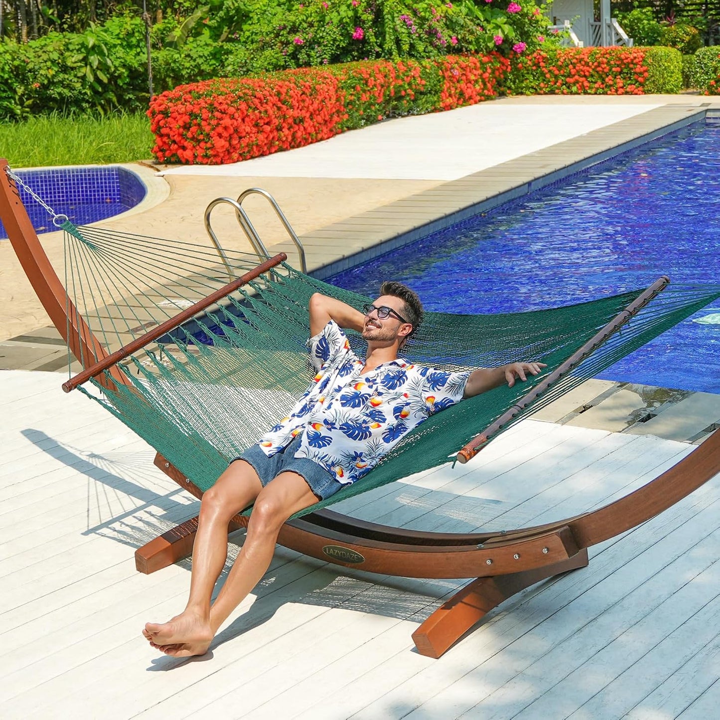 Lazy Daze Hammocks 10.5 FT Double 2 Person Caribbean Rope Hammock, Hand Woven Polyester Hammock with Spreader Bars, for Outside Outdoor Backyard Patio Poolside,450 LBS Capacity, Green