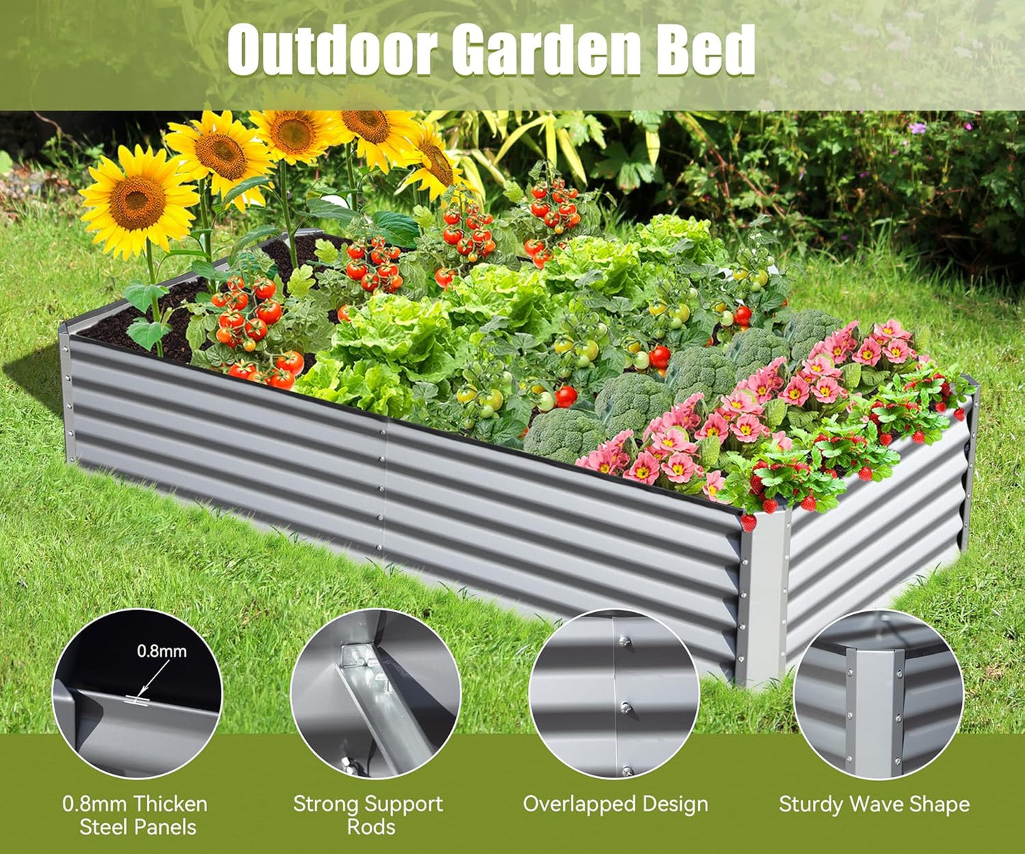 Domi Galvanized Raised Garden Bed, Outdoor Planter Garden Boxes Large Metal Planter Box for Gardening Vegetables Fruits Flowers, Silvery (8x4x1.5ft)