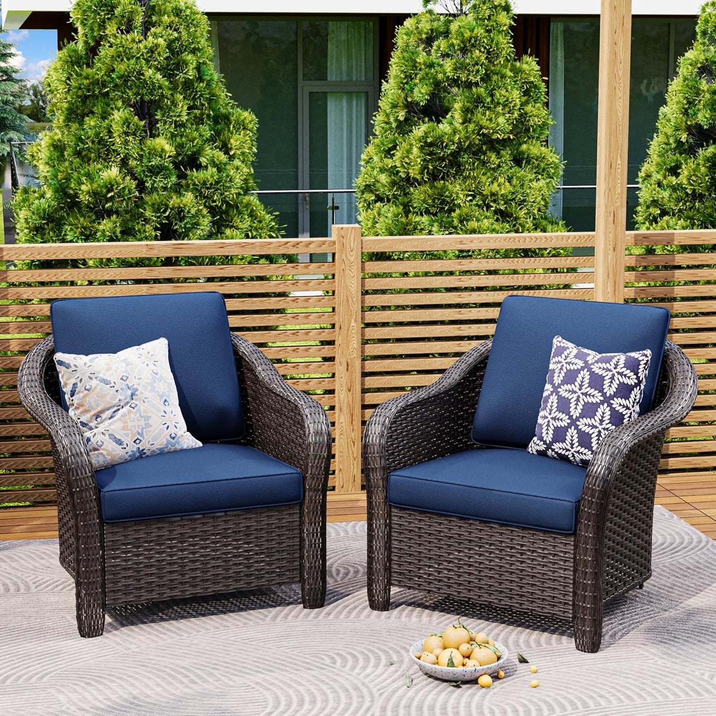 Patio PE Rattan Chairs Set of 2, All-Weather & Steel Frame Outdoor Conversation Furniture Set with Washable Cushions for Garden, Bistro, Deck, Yard (Navy Blue)