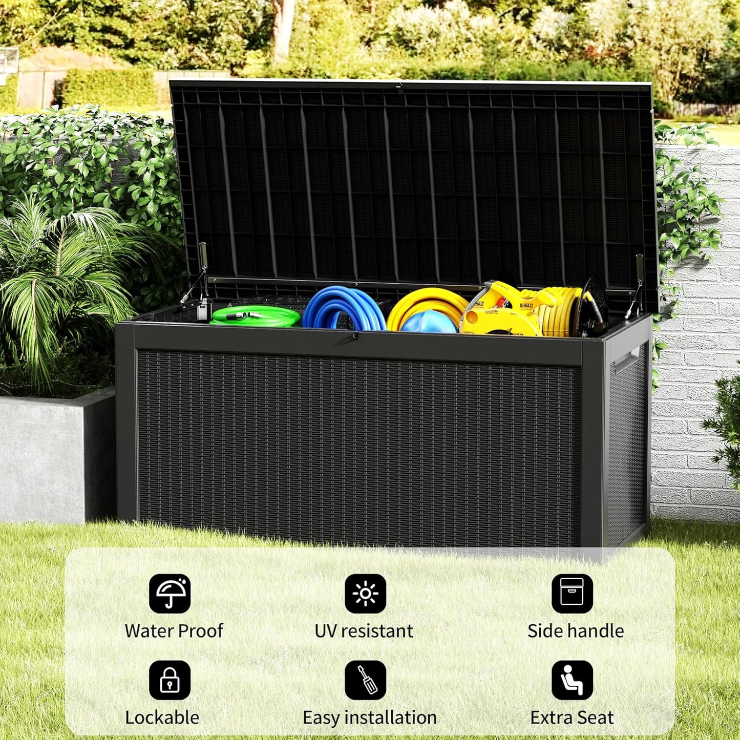 320 Gallon Waterproof Large Resin Deck Box Indoor/Outdoor Lockable Storage Container and Seating for Garden, Pool, and Patio (320 Gallon, Black)