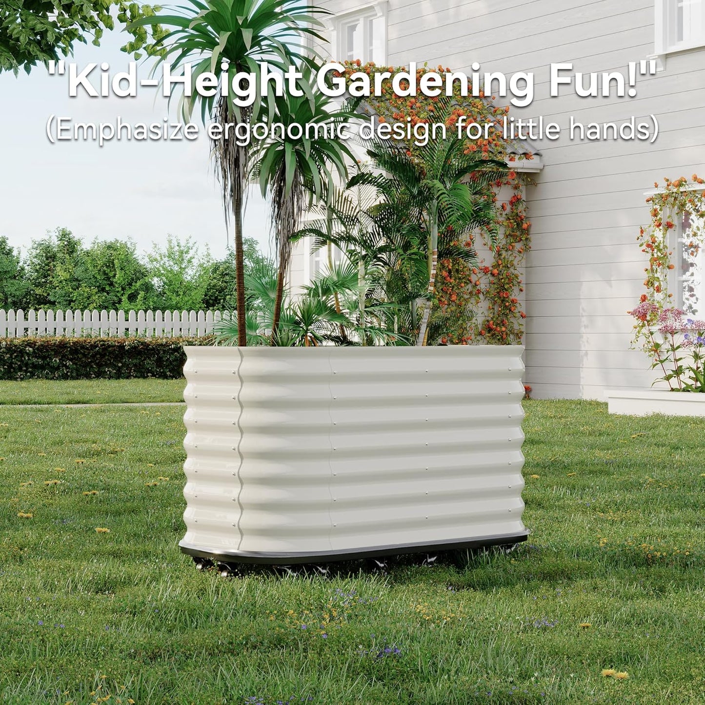 59x24x28in Galvanized Raised Garden Bed with Wheels & Water Reservoir – Durable Outdoor Planter Box, Elevated Raised Beds for Gardening, Portable Garden Box for Indoor/Outdoor Plants,White