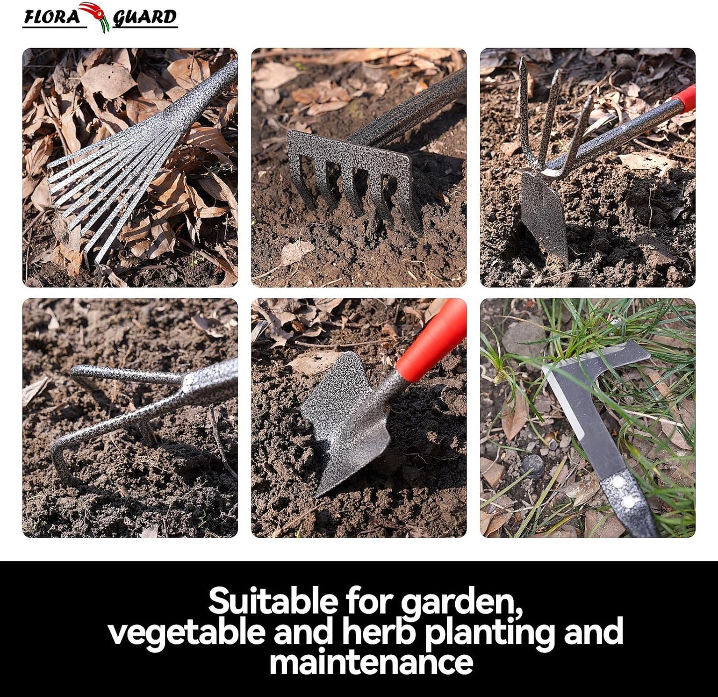 FLORA GUARD Garden Tool Set, 6 Piece Heavy Duty, Large Size Gardening Hand Tools, Sturdy & Durable, Classic Utility Gardening Gift for Men and Women