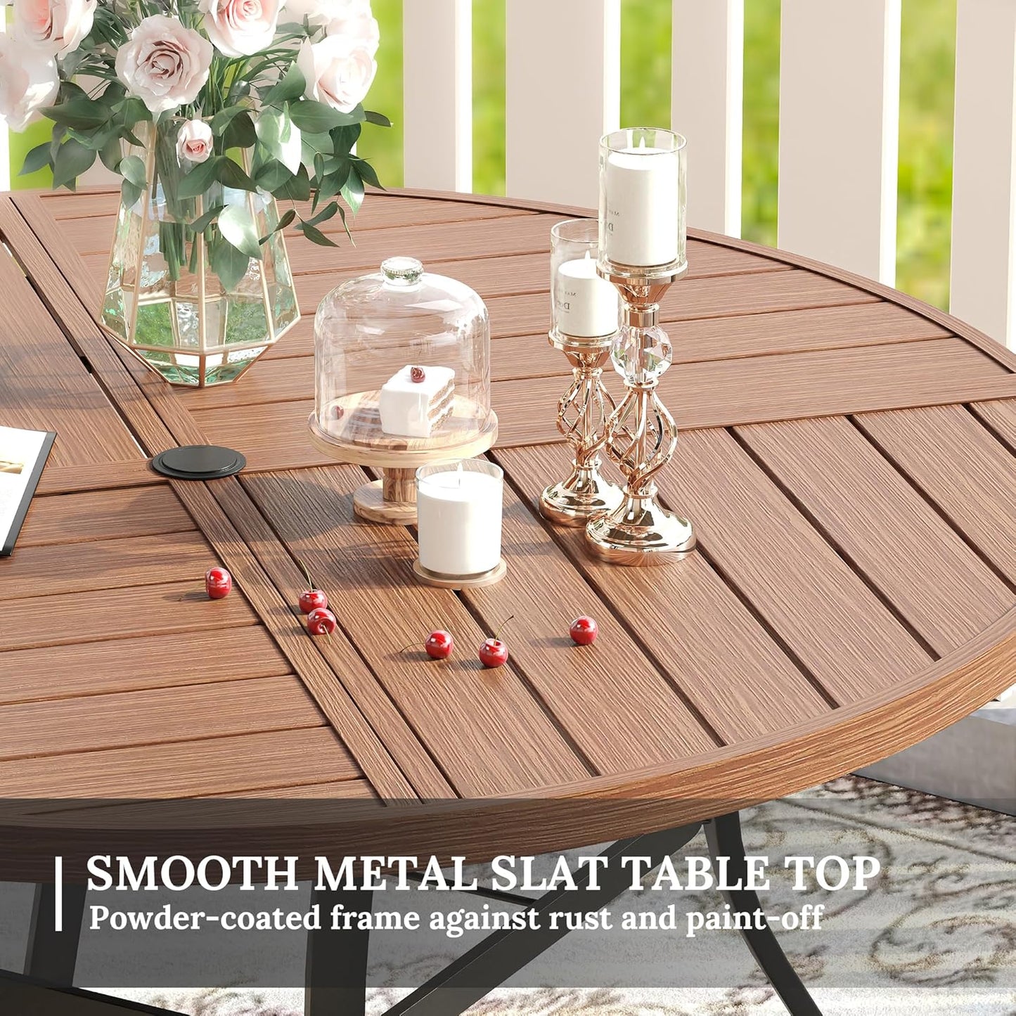 VICLLAX Round Patio Table with Adjustable Umbrella Hole for 4, All Weather Metal Outdoor Dining Table for Lawn Garden, 40.6" Outdoor Coffee Table, Walnut Wood-Like Tabletop