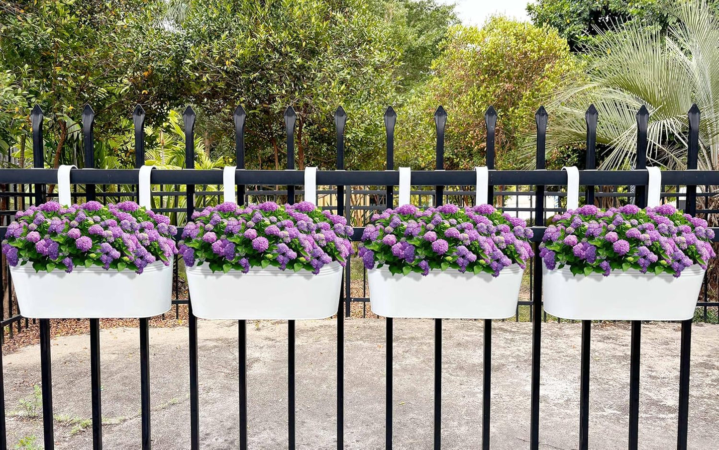 Hanging Planters for Outdoor Plants, 17" Railing Planter Pots, Metal Fence Flower Pot for Porch Balcony with Detachable Hook (White, Pack of 6)