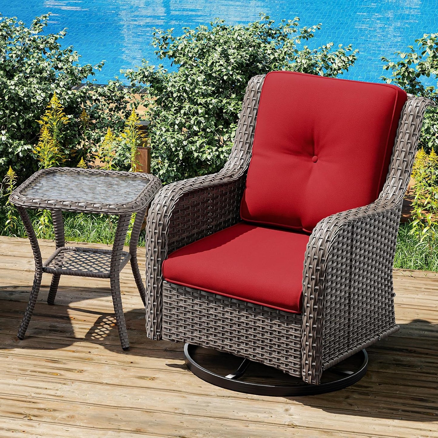 Joyside Outdoor Swivel Rocker Patio Chair and Matching Side Table - 2-Piece Wicker Patio Bistro Set with Premium Fabric Cushions (Brown Mixed with Grey/Red)