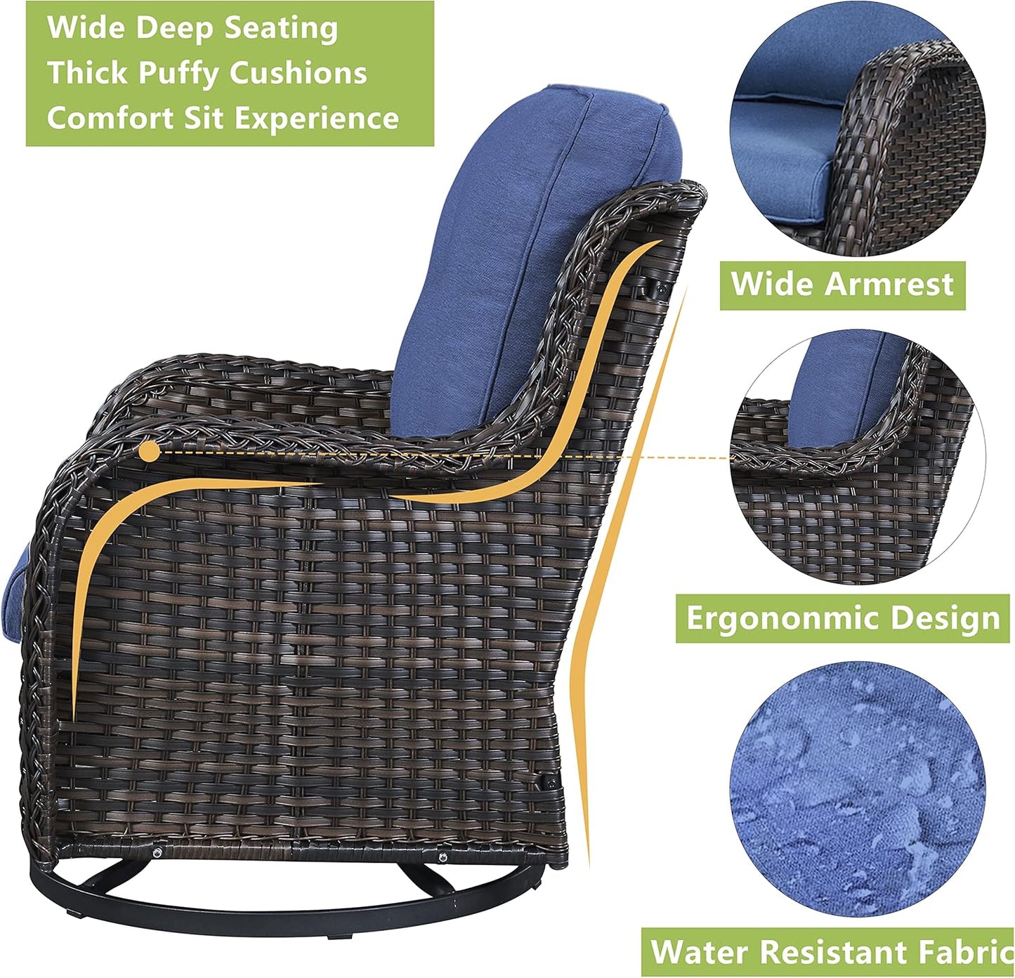 Outdoor Wicker Patio Furniture Set - 5 Piece Rattan Patio Conversation Set with 2 Rocking Swivel Chairs,2 Ottomans and 1 Loveseat for Porch Deck Backyard Garden(Brown/Blue)