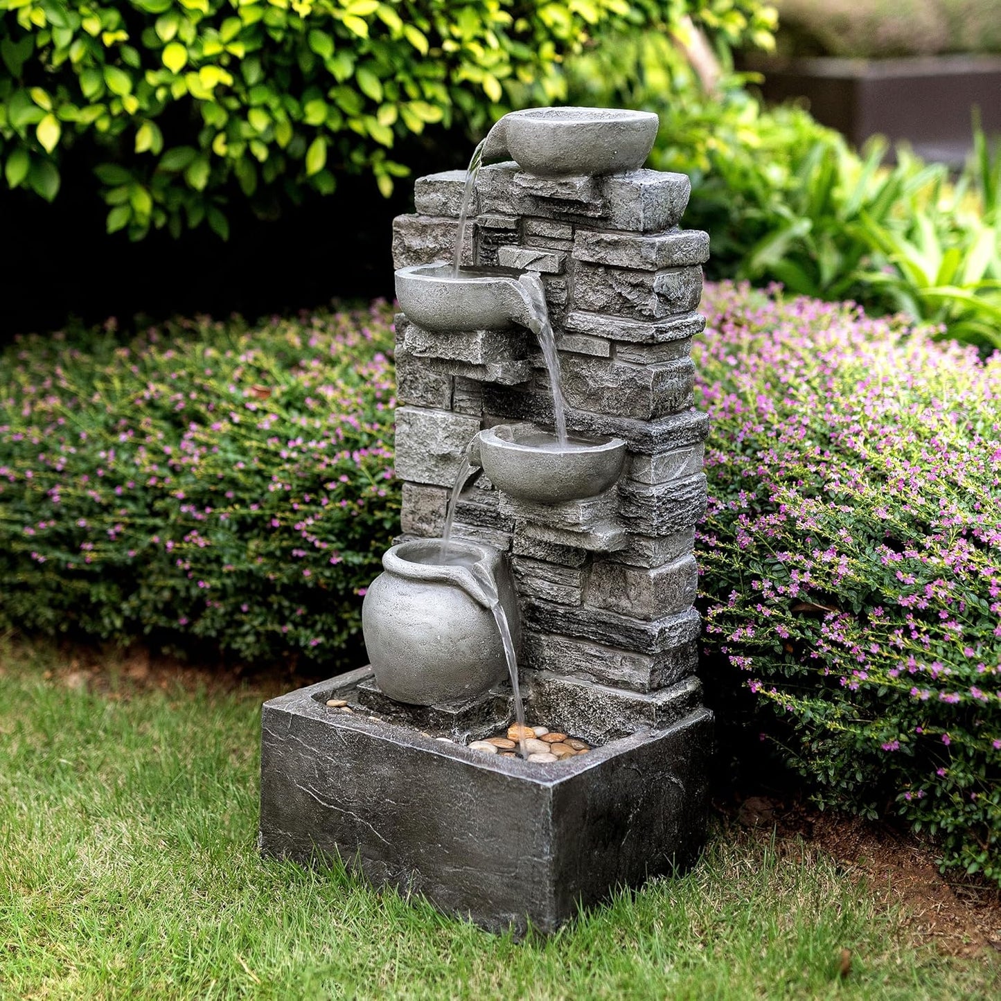 Teamson Home 28.5" Outdoor 4-Tier Stacked Stone Cascading Water Fountain with LED Lights, Gray
