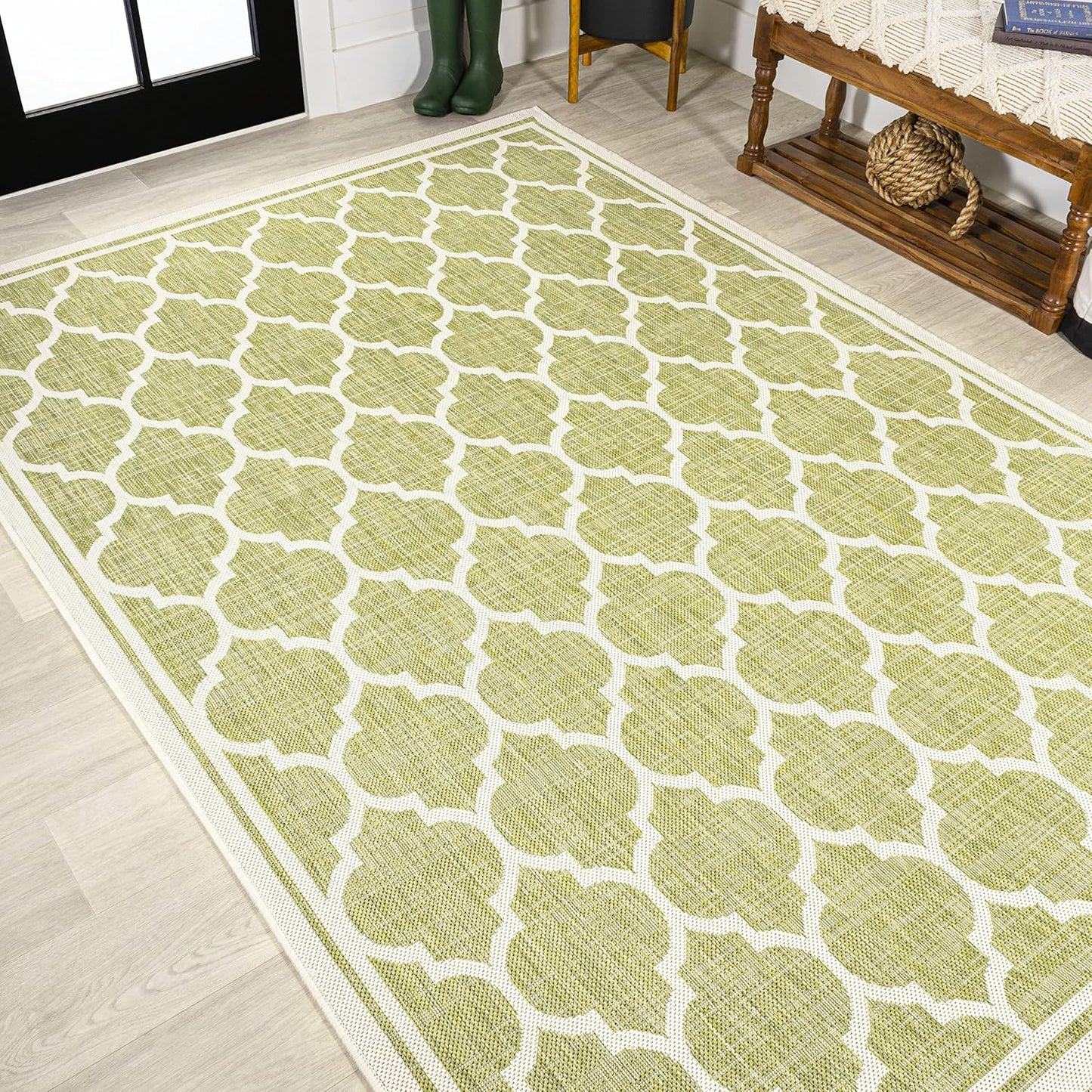 Eyely BMS109G-5 Santa Monica Trebol Moroccan Trellis Textured Weave Indoor/Outdoor Area Rug Coastal;Bohemian, Bedroom, Backyard, Patio, Easy-Cleaning, Non-Shedding, 5 X 8, Green/Cream