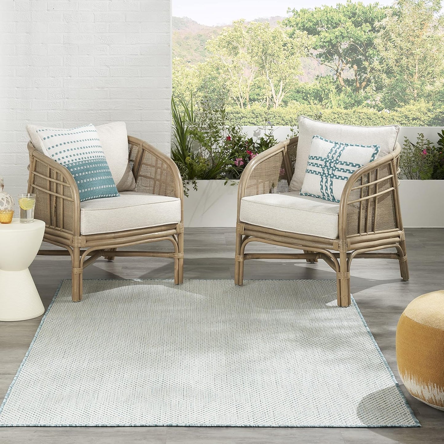 Nourison Home Courtyard 48" x 72" Fabric Indoor/Outdoor Rug in Ivory Aqua
