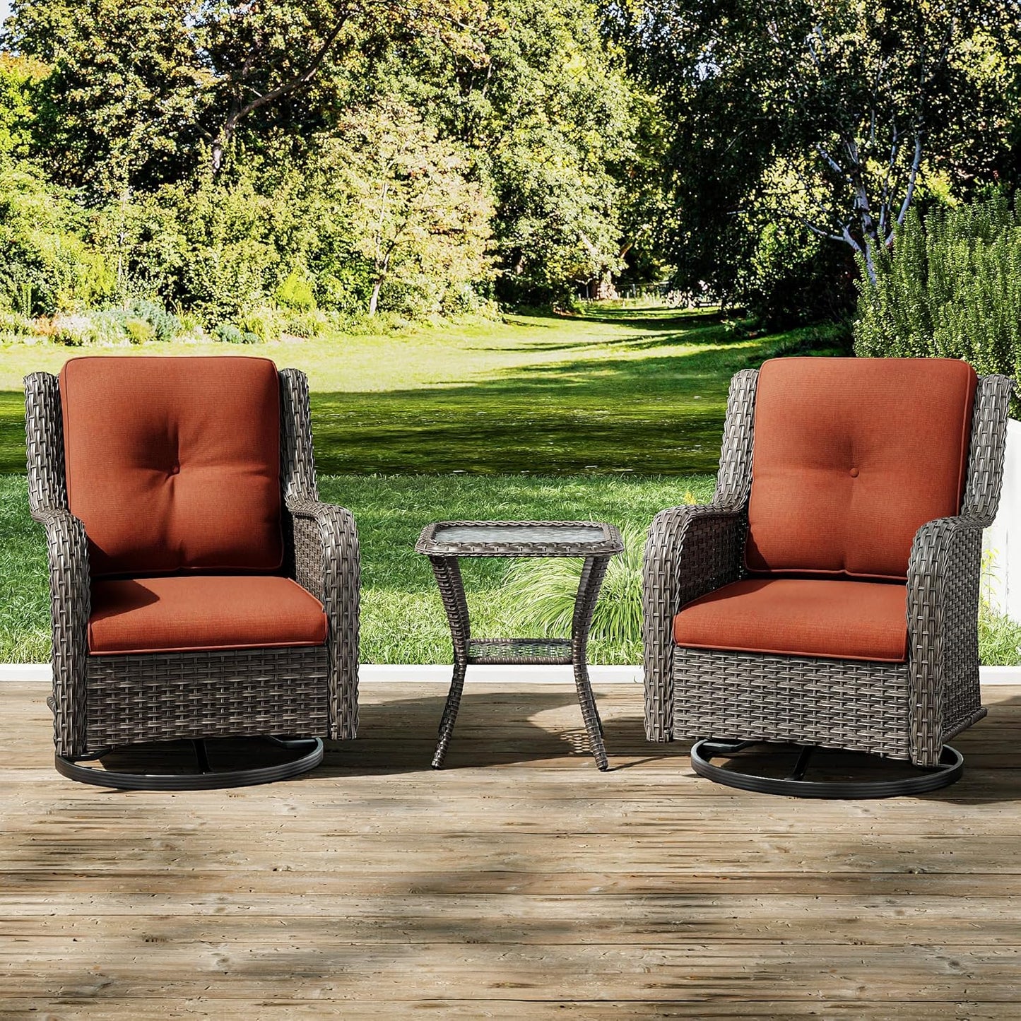 Joyside Outdoor Swivel Rocker Patio Chairs Set of 2 and Matching Side Table - 3 Piece Wicker Patio Bistro Set with Premium Fabric Cushions(Mixed Grey/Orange)