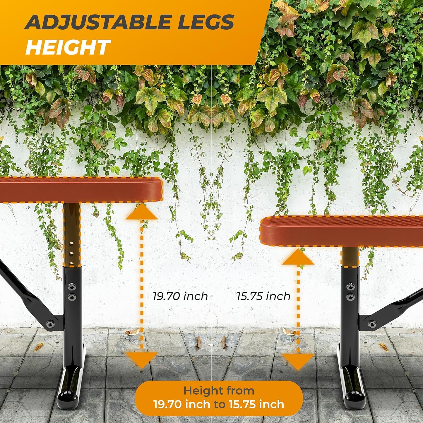 Heavy-Duty Outdoor Metal Bench, Thermoplastic-Coated, Portable, Weatherproof, Commercial-Grade for Parks, Gardens, Patios, Stores & More (8 Ft - Portable, Red)