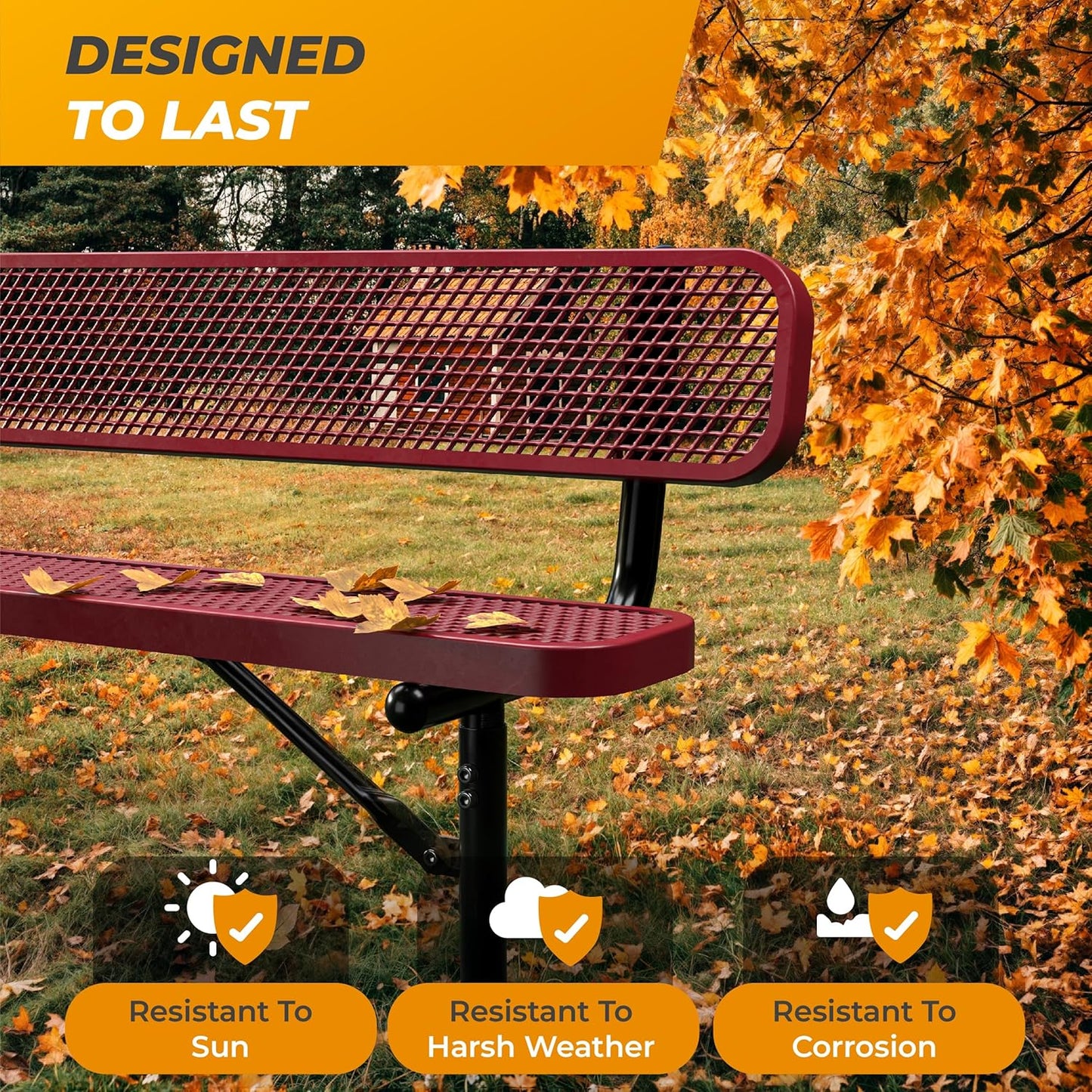 Heavy-Duty Outdoor Metal Bench, Thermoplastic-Coated, Surface, Weatherproof, Commercial-Grade for Parks, Gardens, Patios, Stores & More (8 Ft - Surface with Back, Red)
