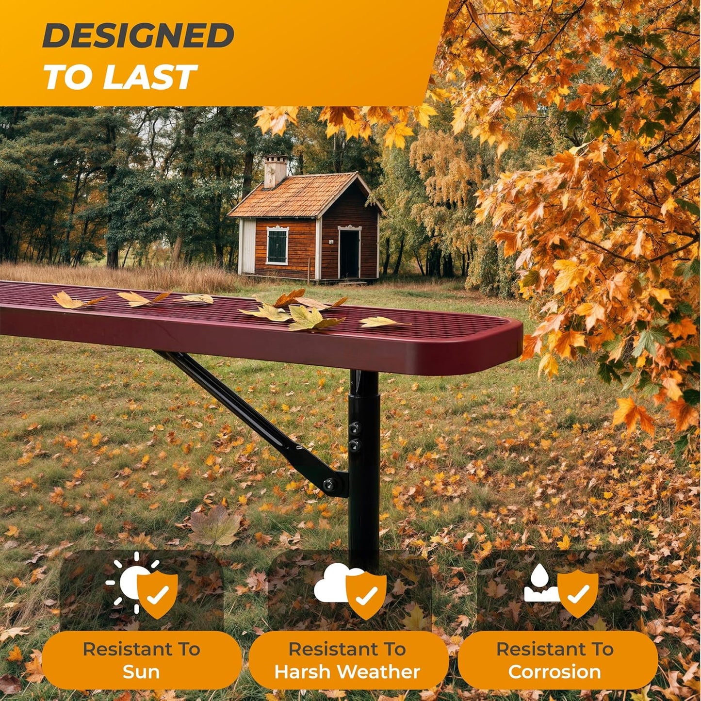 Heavy-Duty Outdoor Metal Bench, Thermoplastic-Coated, Inground, Weatherproof, Commercial-Grade for Parks, Gardens, Patios, Stores & More (6 Ft - Inground, Red)