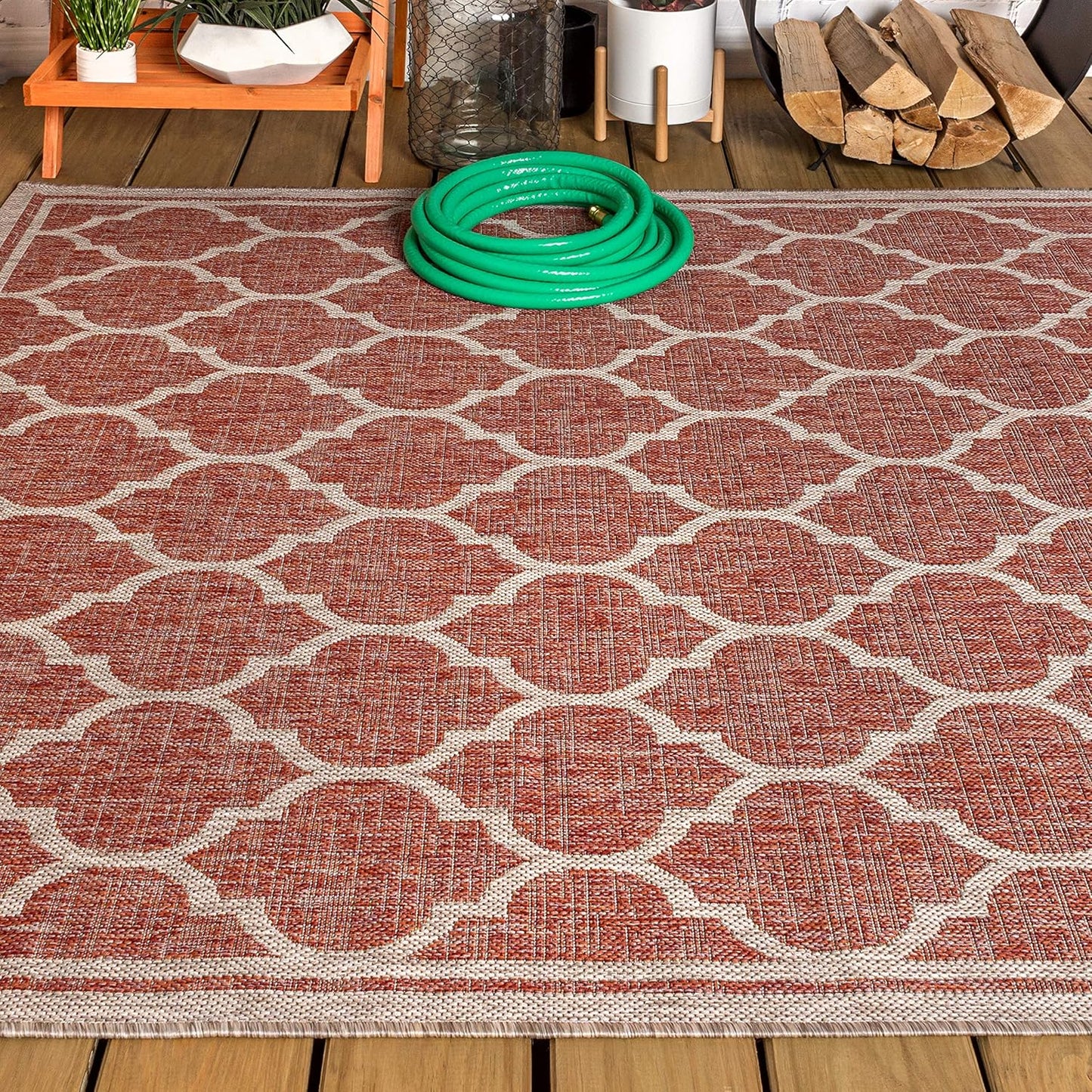 Eyely BMS109C-4 Santa Monica Trebol Moroccan Trellis Textured Weave Indoor/Outdoor Area Rug Coastal;Bohemian, Bedroom, Backyard, Patio, Easy-Cleaning, Non-Shedding, 4 X 6, Red/Beige