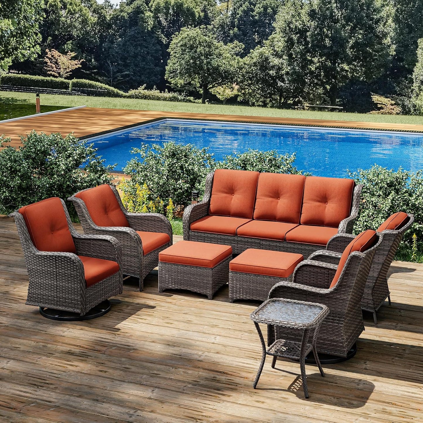Joyside Wicker Patio Furniture Sets 8 Piece Set with 3-Seat Sofa, 2 Swivel Rocking Armchairs, 2 Armchairs, 2 Ottoman and 1 Side Table Wicker Outdoor Conversation Set(Brown Mixed Gray/Orange)