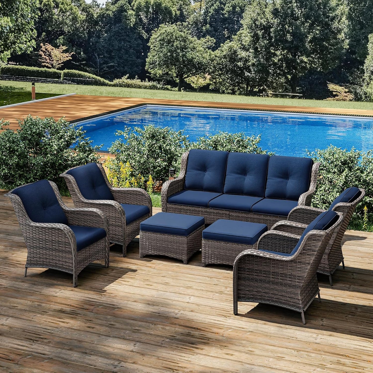 Joyside Wicker Patio Furniture Sets 7 Piece Set with One 3-Seat Sofa, Four Armchairs, Two Ottomans, Wicker Outdoor Furniture Sectional Conversation Set(Mixed Grey/Blue)