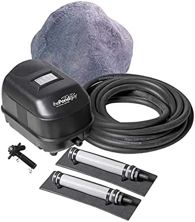 The Pond Guy Pond Aerator 2, Complete Aeration Kit, Add Oxygen to Koi & Fish Water Garden Ponds, Outdoor Diaphragm Compressor Pump, Air Line, Faux Grey Stone Rock Cover & 2 Submersible Diffuser Stick