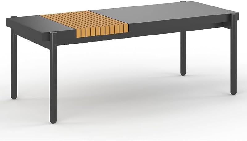 Sundale Outdoor Modern Metal Outdoor Coffee Table with Slatted Wood-Look Tabletop Design, Weather-Resistant Patio Side Table for Garden, Balcony, Poolside(Grey)