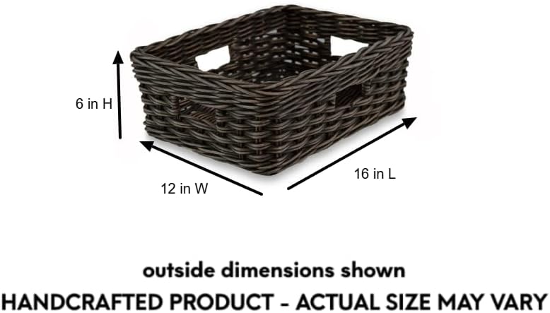The Basket Lady Rectangular Low Wicker Storage Basket, Medium, 16 in L x 12 in W x 6 in H, Antique Walnut Brown