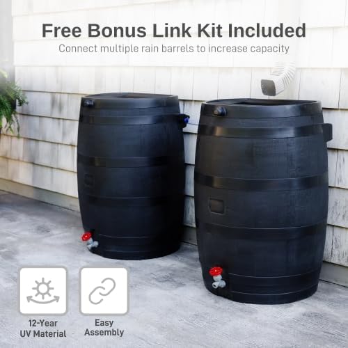 50-Gallon ECO Rain Barrel Made with 100% Recycled Plastic, Flat Back Rain Water Collection Barrel, Stand and Link Kit Included, Black (2 Pack)