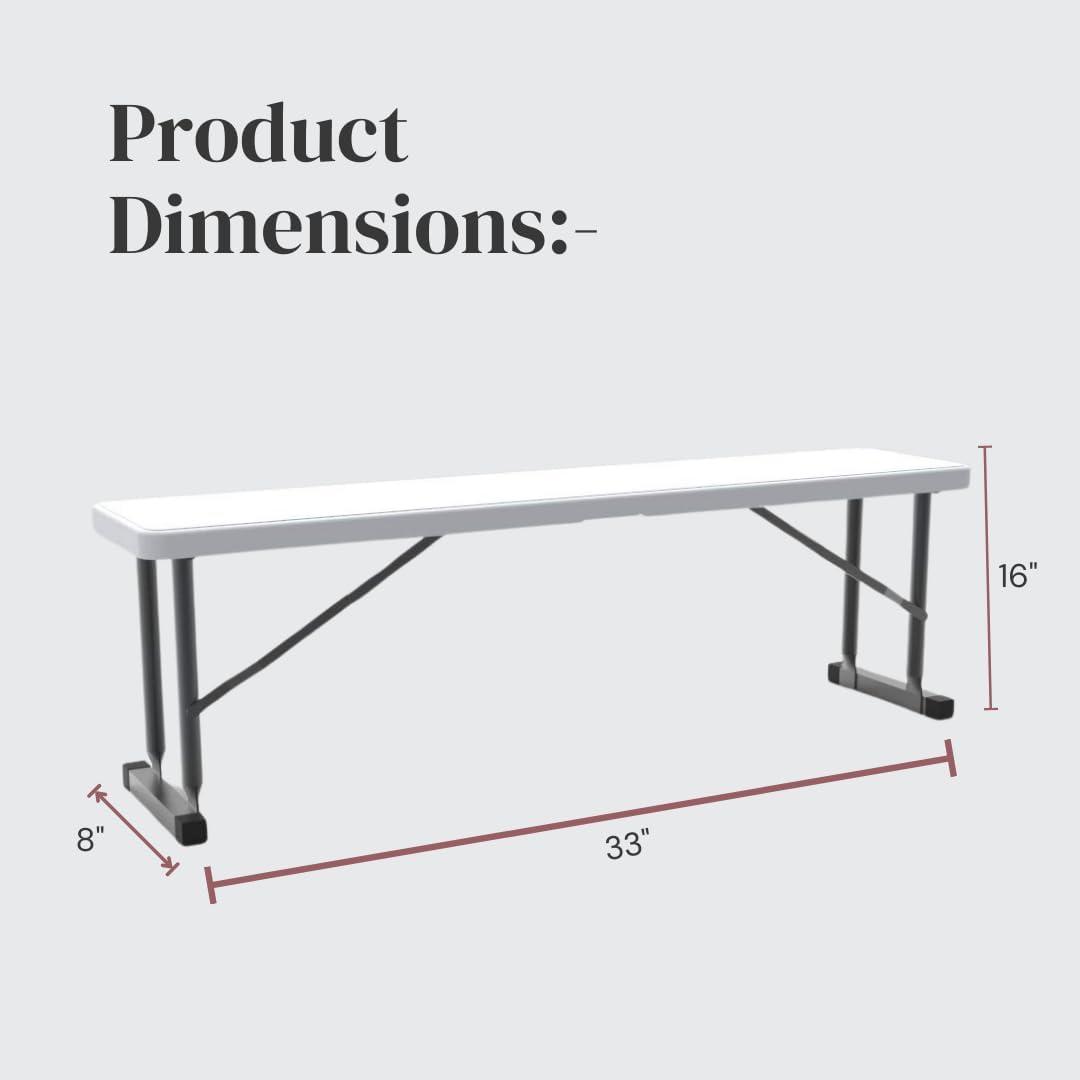 2.75ft Plastic Folding Bench – Lightweight and Portable White Resin with Durable Steel Frame, 33”x8”x16” - (Pack of 2, White, 2.75 Feet)
