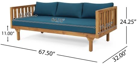 Christopher Knight Home Claremont Patio Sofa and Coffee Table Set, 2 Piece Outdoor Patio Furniture Set with Cushion, Acacia Wood 3 Seater Outdoor Sofa Daybed and Coffee Table Set, Teak+Dark Teal