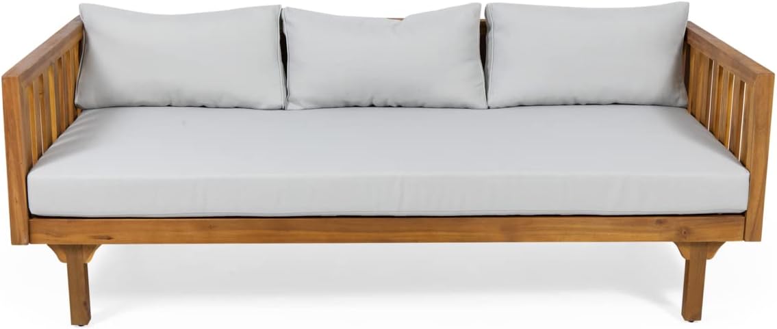 Christopher Knight Home Tina Outdoor 3 Seater Acacia Wood Daybed, Teak Finish, Light Grey