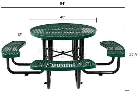 Global Industrial 46" Round Picnic Table, Expanded Metal, Green Thermoplastic Coating, Attached Benches, 1-1/2” Umbrella Pole Hole, Outdoor-Rated, 1000 lb Capacity