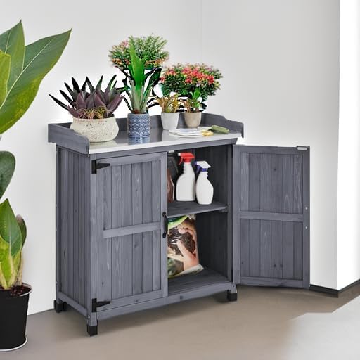 Yaheetech Garden Potting Bench Table, Outdoor Garden Horticultural Wooden Storage Cabinet & Solid Wood Planting Work Bench with Large Space Storage & Metal-Plated Tabletop, Gray
