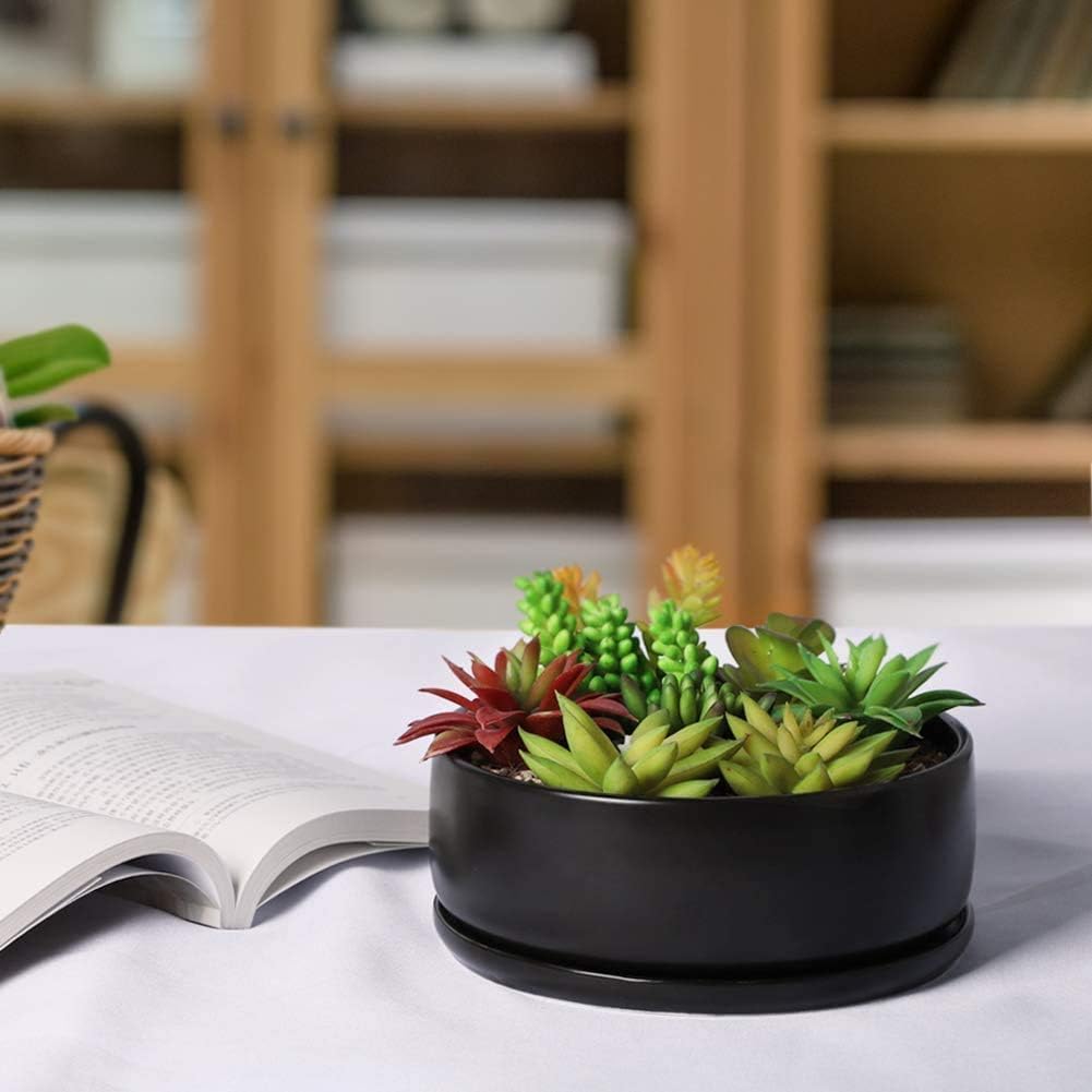 SQOWL 8 Inch Modern Round Flower Pot Black Ceramic Cactus Succulent Planter Pot with Removable Saucer