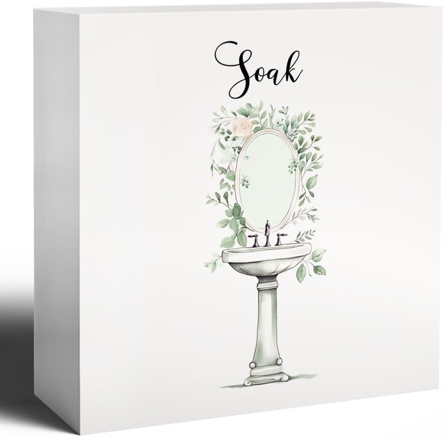 Soak Funny Bathroom Wooden Box Sign, Eucalyptus Botanical Wood Signs for Restroom Bathroom Toilet Half Bath Shelf Counter Decor, 5x5 Inch