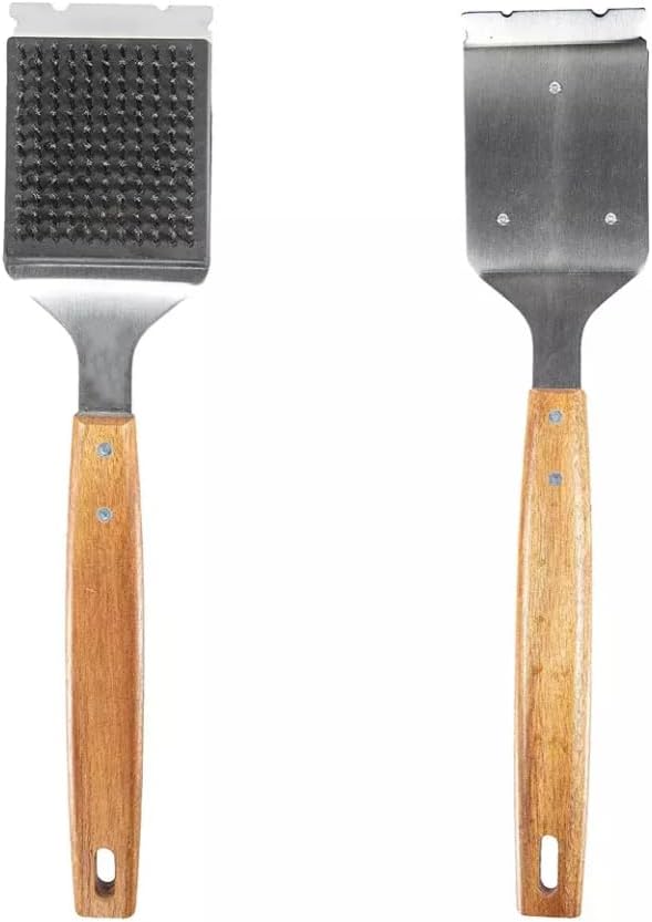 Barbecue Grill Brush and Stainless Steel Scraper Scraper Extended Large,Large Wooden Handle, Wire BBQ Grill Brush for Outdoor Grill - No Scratch- BBQ Grill Brush for Any Grill