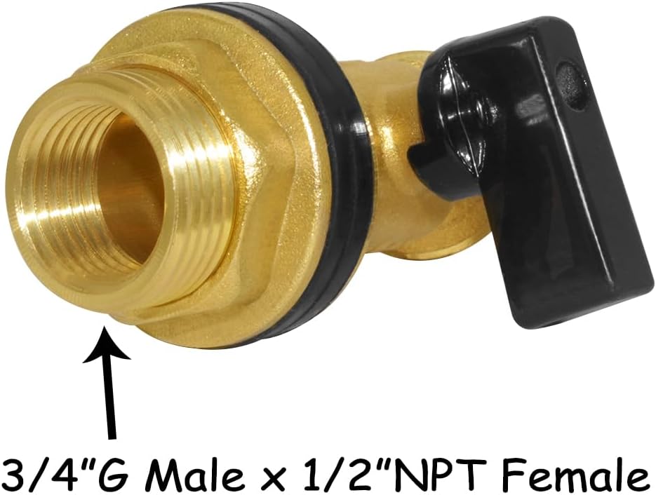 Brass Water Container Rain Barrel Faucets Spigot 3/4"G Male Thread Large Inlet to 3/4"GHT Male Thread Outlet with Quarter Turn Ball Valve Include Bulkhead Fitting and Washers