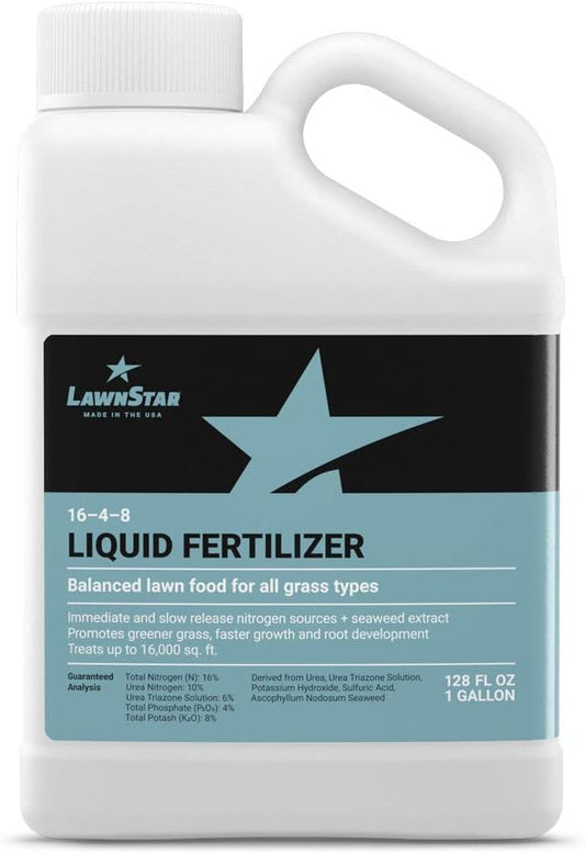 Balanced 16-4-8 Nutrient Liquid Fertilizer (1 Gallon) - Premium Lawn Food, NPK with Added Seaweed Extract, Treats Common Deficiencies, Safe for All Grass Types
