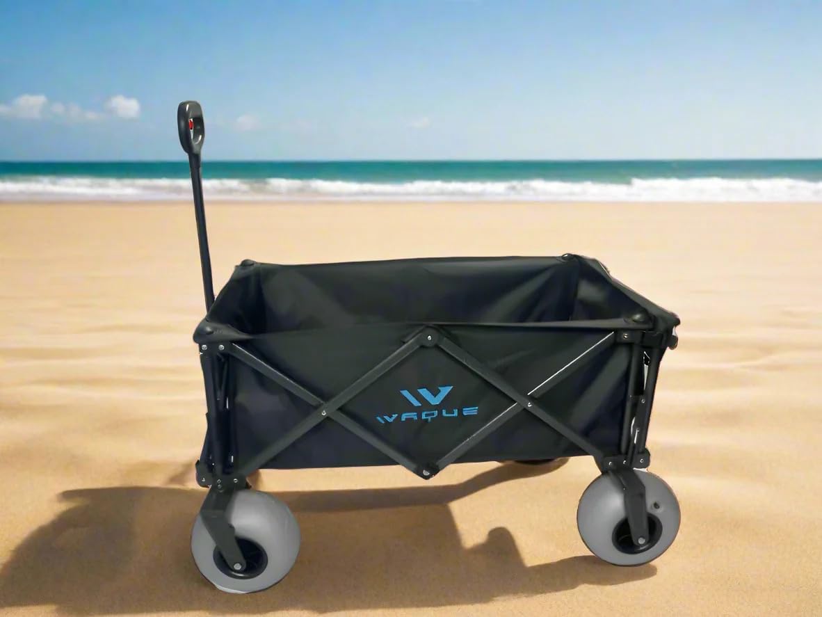 Folding Utility Wagon Cart, Tires for Sand Heavy, Duty Beach Garden Cart with Sand Wheels, Black