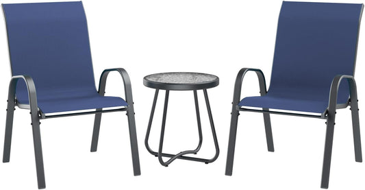 UDPATIO Patio Dining Set of 3, Outdoor Table and Chairs Set with Glass Table, 2 Stackable Patio Chairs with High Back, Outdoor Furniture Sets for Deck Garden Backyard Lawn Poolside (Blue)