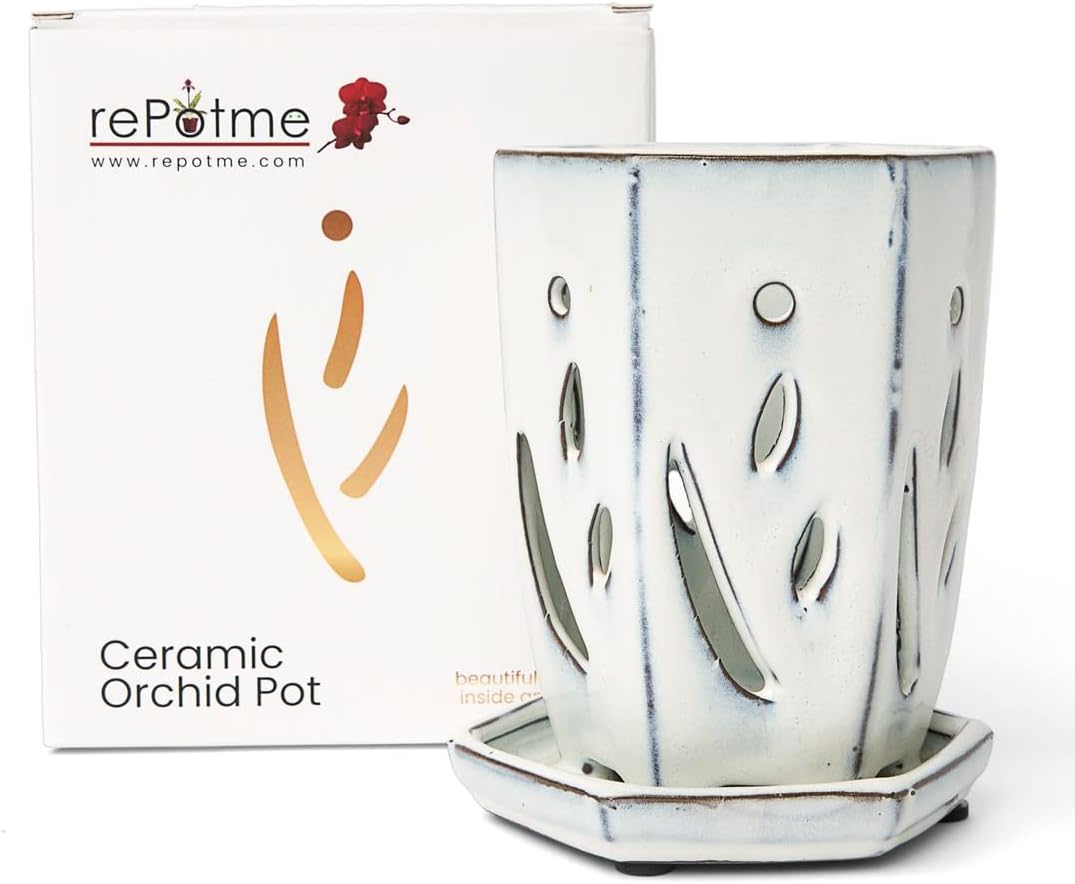 rePotme 4 x 6 inch Ceramic Orchid Pot (White Diamond) - Hexagon Orchid Pot with Holes