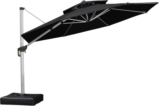 PURPLE LEAF 12 Feet Double Top Round Deluxe Patio Umbrella Offset Hanging Umbrella Outdoor Market Umbrella Garden Umbrella, Black