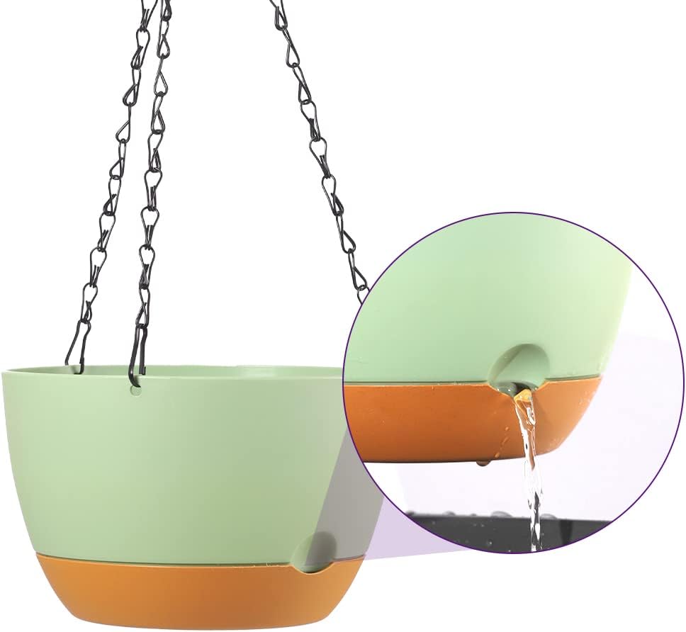 Lookat 2 Pack Plastic Hanging Planters 10 Inch Hanging Pots with Drainage Hole for Indoor Outdoor Plants, Round Hanging Basket with Removable Tray for Home Garden Porch Balcony Patio Decor