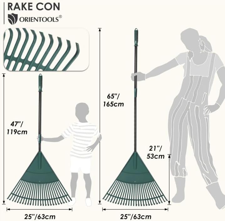 ORIENTOOLS Garden Leaf Rake, Garden Rakes for Lawns Leaves with 47-65" Adjustable Black Handle Rake, 26 Strong Tines Plastic Head Shrub Rake, Yard Garden Rake for Lawns, Flower Beds Leaves Cleaning