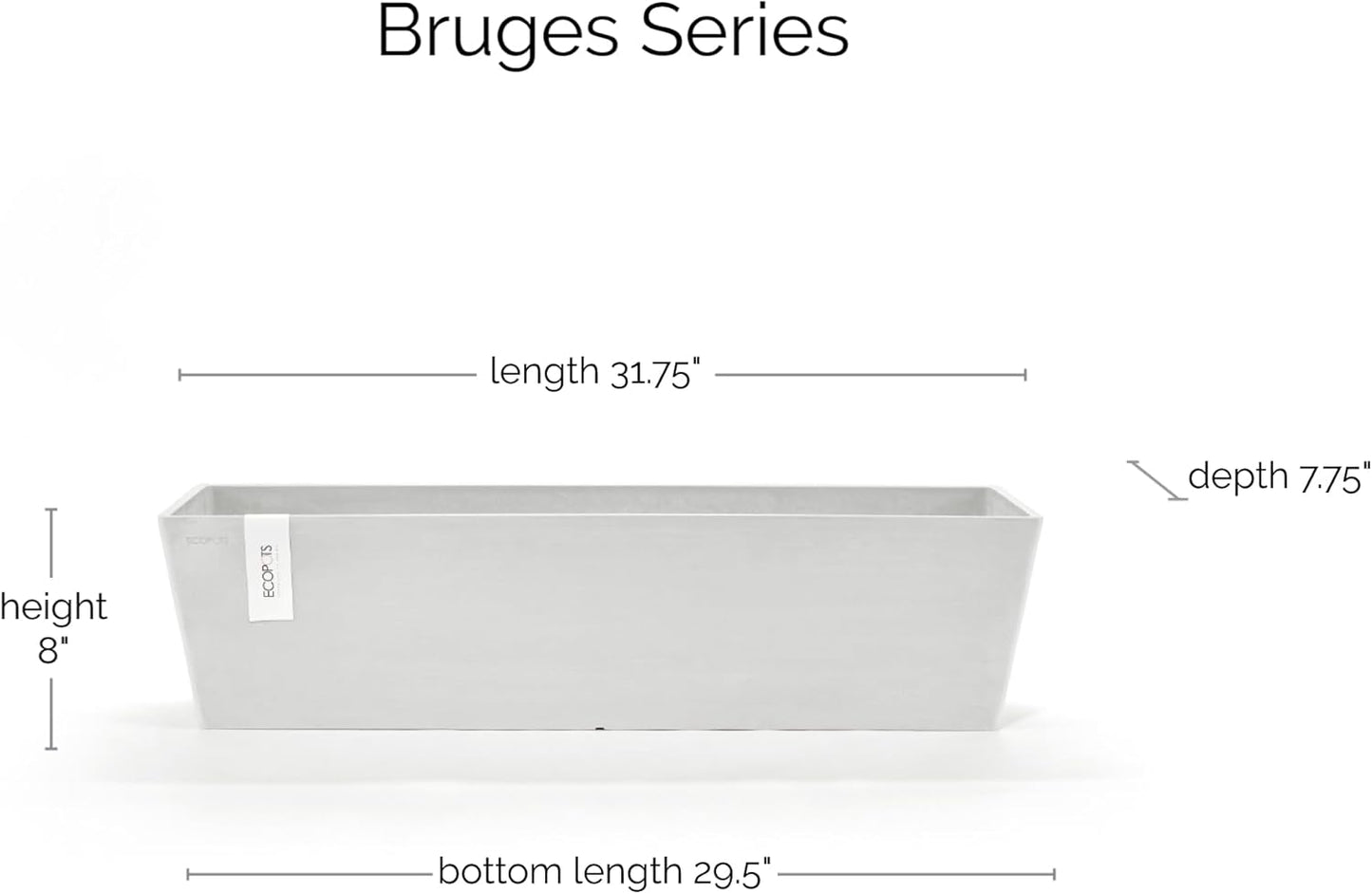 Ecopots Bruges Durable Modern Rectangular Indoor/Outdoor Recycled-Based Composite Flower Pot Planter, Pure White, 31.5"