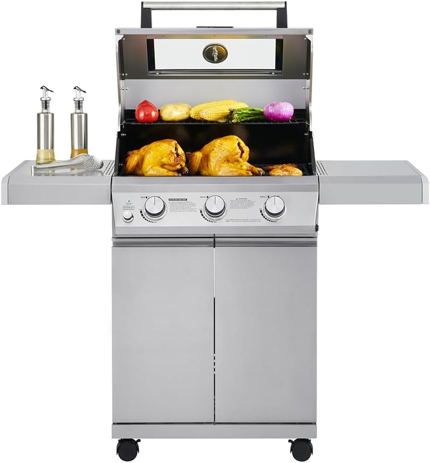 Monument Grills Larger 3-Burner Propane Gas Grills Barbeque Stainless Steel Heavy-Duty Cabinet Style with Smoker Box (2 Items)